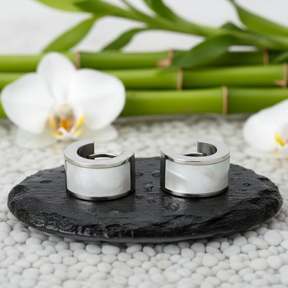 Elegant 18K Gold Plated Huggies Minimalist Earrings Mother of Pearl Inlay - Picture 9 of 10